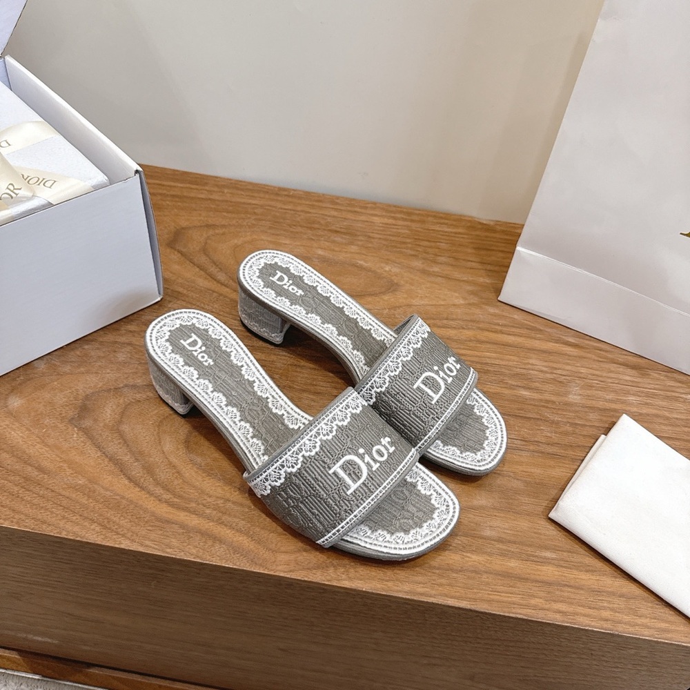 DIOR Dway Lace-Embroidered Heeled Mules Slides Grey - Picture 3 of 4